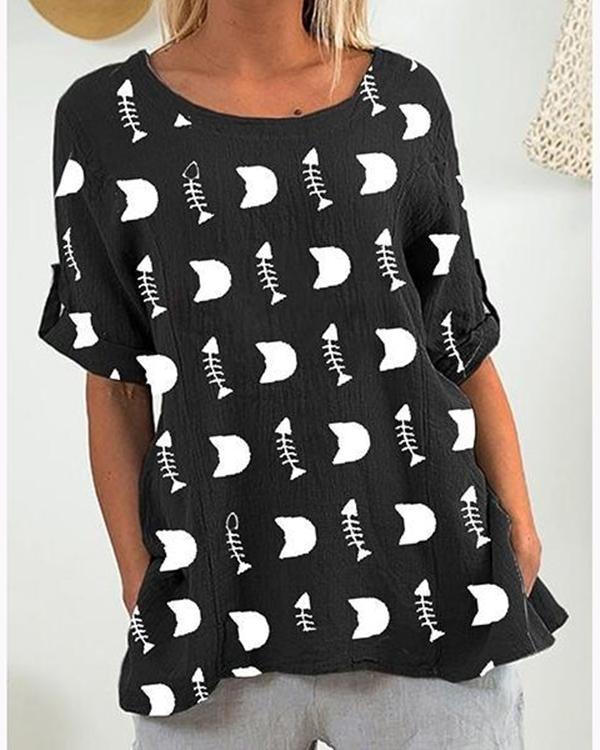 Daily Fish Bone Printed Short Sleeve Blouses Tops