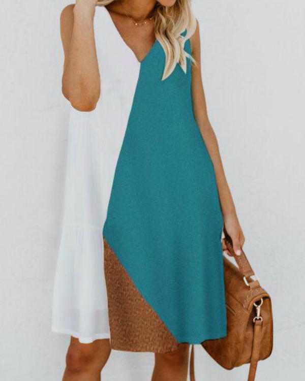 V Neck Women Summer Dresses Shift Daily Cotton-Blend Color-Block Dresses