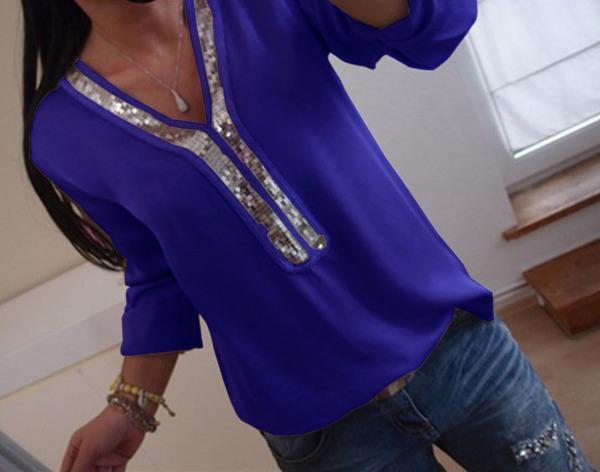 Women Fashion Glitter Sequins Tunic Shirt Shirt Sexy V-neck Women T-shirt