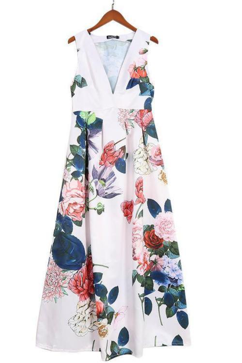 Stylish Floral Print Deep V Sleeveless Maxi Dress