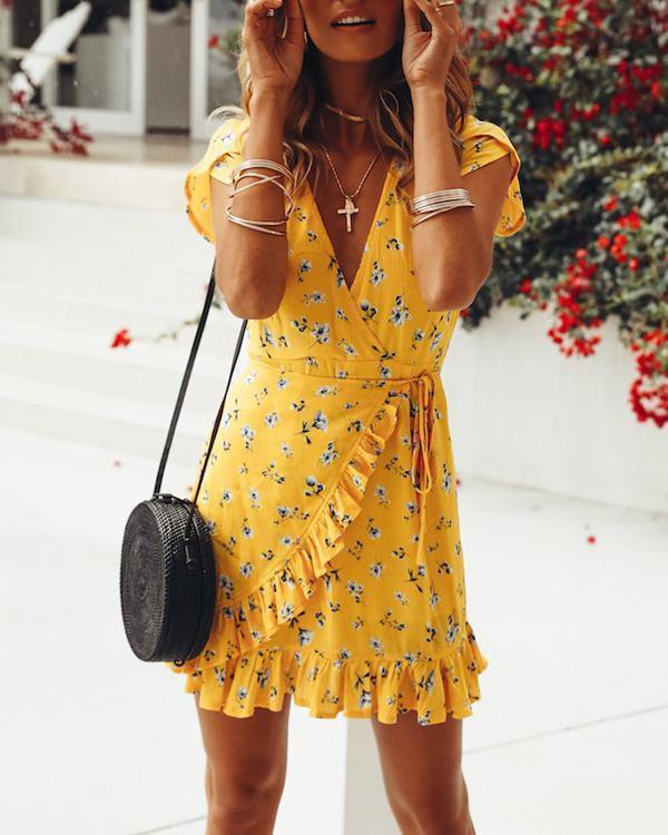 Summer Lace-Up V-Neck Floral Printed Dress