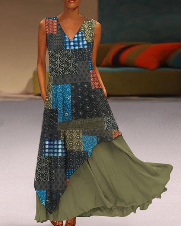 Print Patchwork Layered Sleeveless Maxi Dress