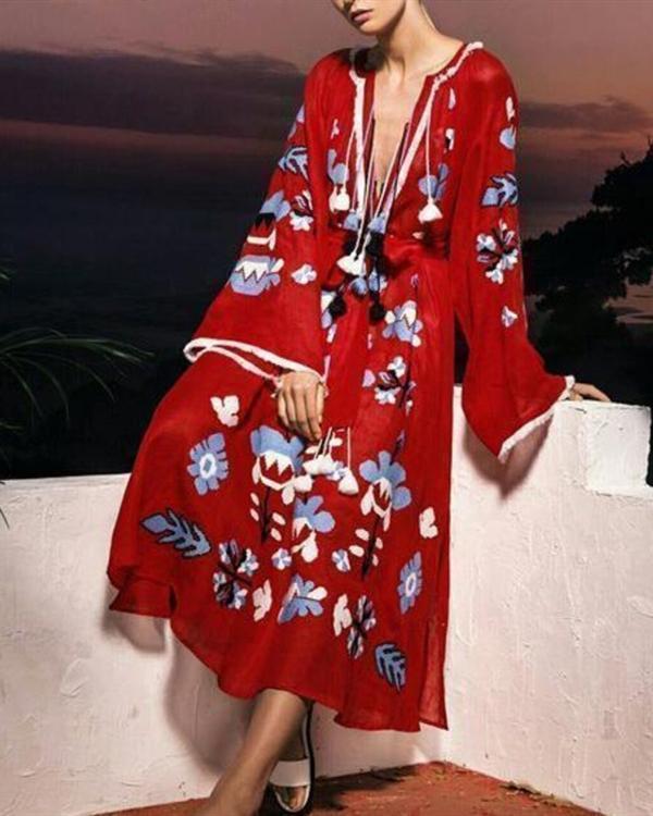 Women Bohemian Style Tassel V Neck Plus Size Dress