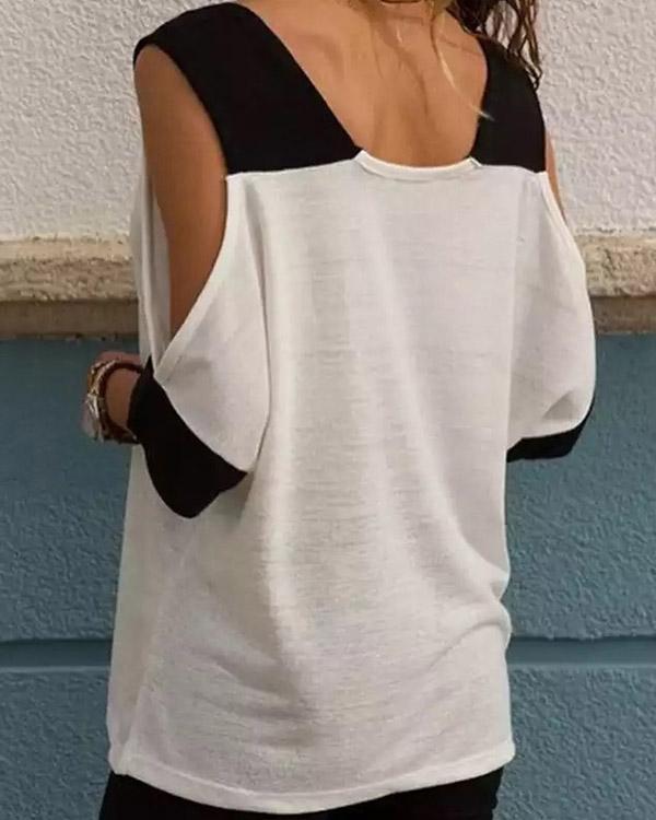 Casual Stitching Color Off Shoulder V-neck T-Shirt