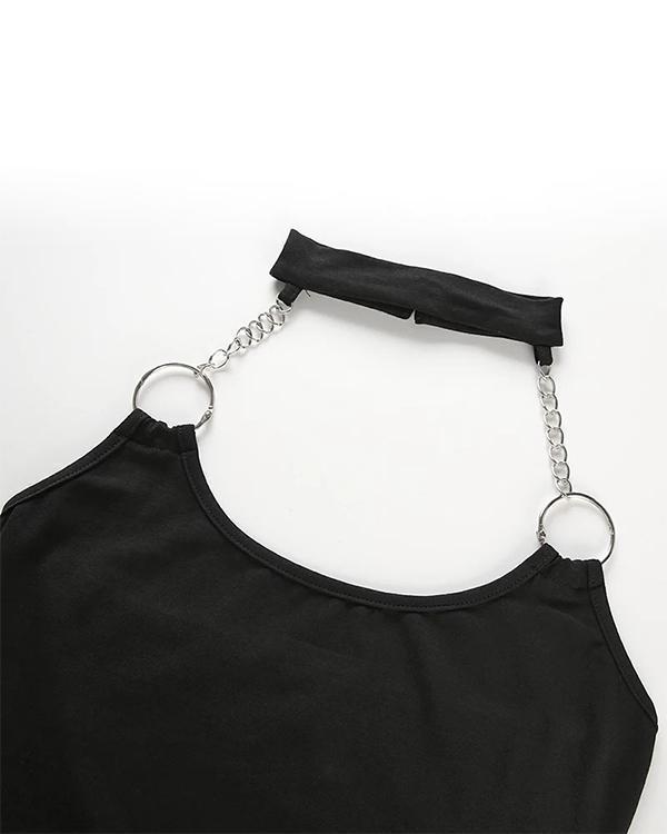 Chain Hanging Backless Black Bodysuit