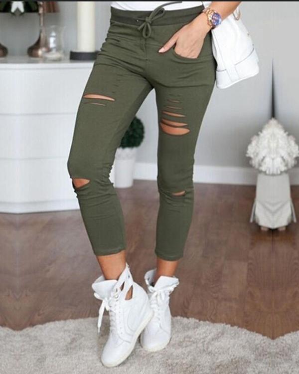 Women Denim Pants Holes Destroyed Knee Pencil Pants Casual Trousers