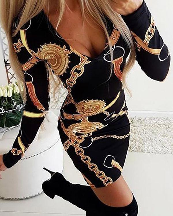 Womens Deep V Neck Dresses Floral Midi Dresses Print Long Sleeve Bodycon Dress