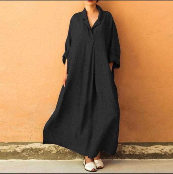 Women Plus Size Solid 3/4 Sleeves Maxi A-line Dress