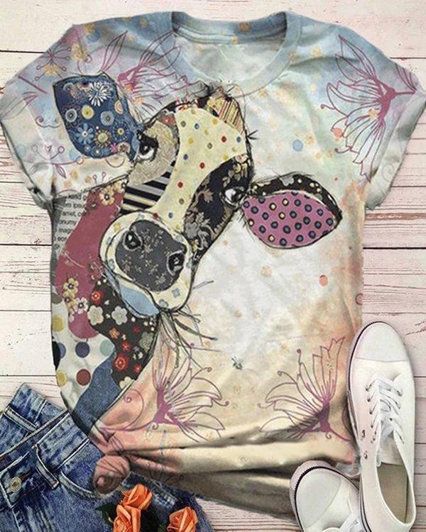 Plus Size Animal Printed Short Sleeve Crew Neck Casual Shirts & Tops