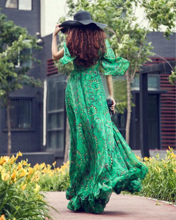 Green Deep V-Neck Printed Bohemian Maxi Dress