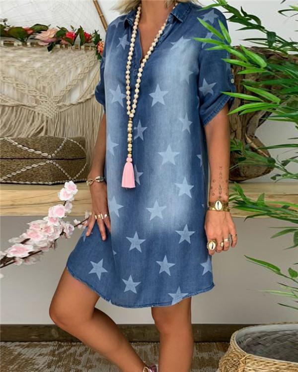 Star Printed Short Sleeve  Denim Skirt Holiday Dresses Shift Daytime Mini Dresss