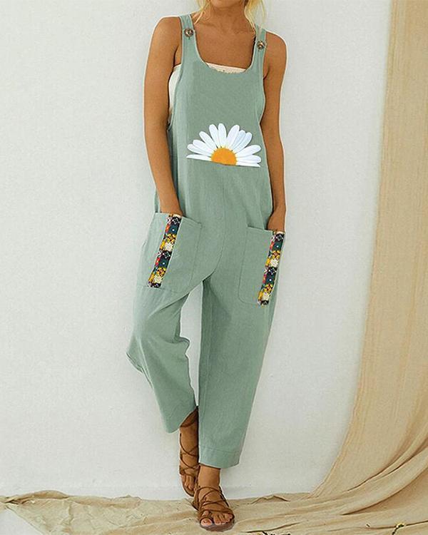 Vintage Daisy Floral Printed Straps Patchwork Jumpsuit With Pocket