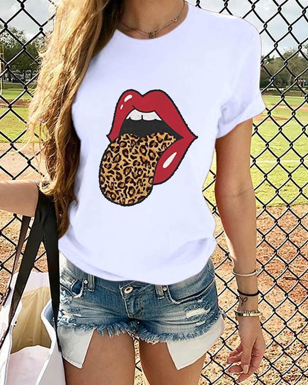 Women Lip Printed Leopard T-shirt O Neck Tops