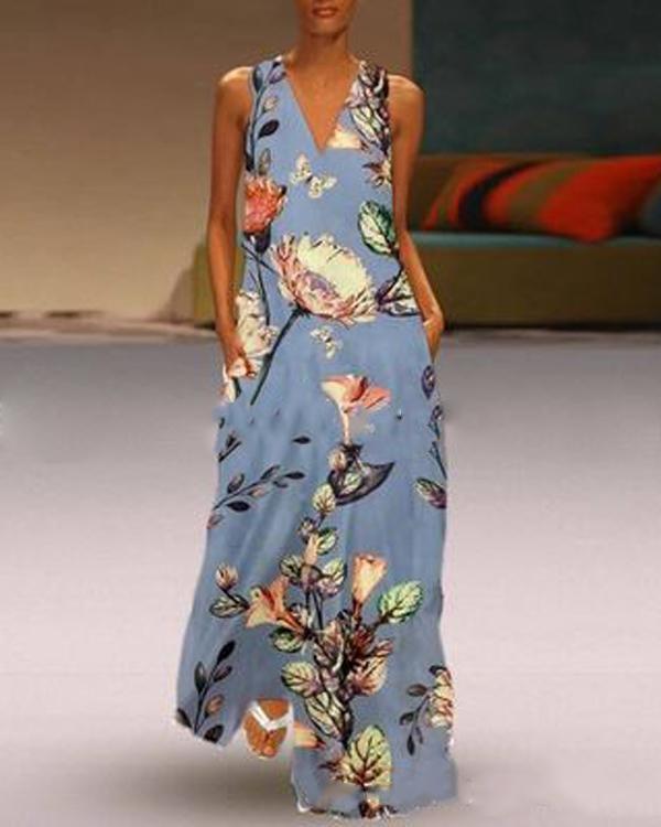 V Neck Casual Sleeveless Floral Printed Maxi Dresses