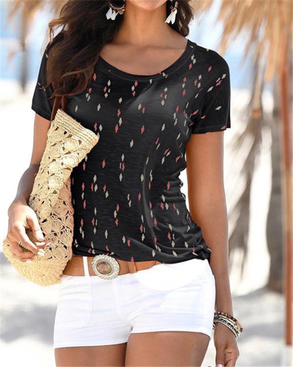 Summer Printed Women Casual Crew Neck Holiday Tops