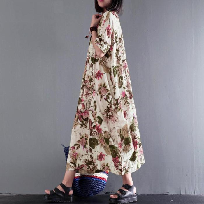 Women Casual Short Sleeve Floral Printed Loose Dress