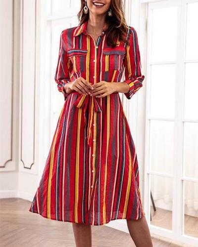 Colorful Striped Turn Down Collar Casual Shift Dresses