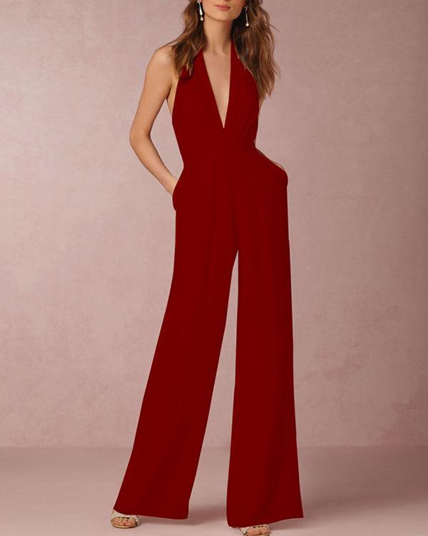 Halter Pocket Plain Wide-Leg Jumpsuit