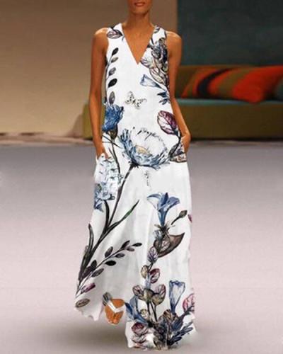 V Neck Casual Sleeveless Floral Printed Maxi Dresses