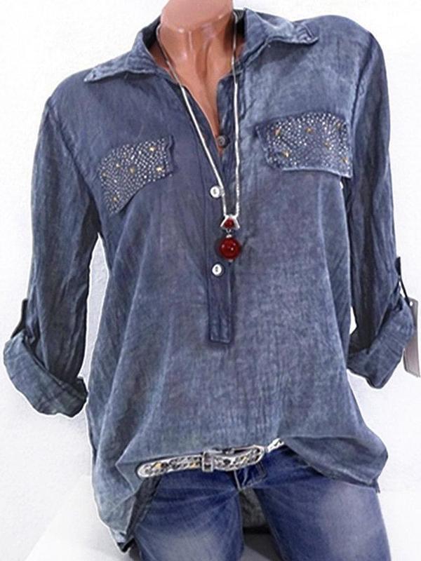 Casual Lapel Long Sleeve Sequins Decorated Women Shirts Tops