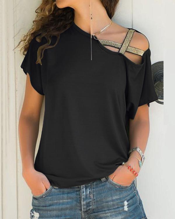 Women Cross-Shoulder Irregular Short-Sleeved Plus Size T-shirt Tops