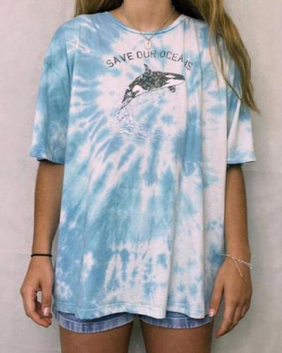 Dolphin Printed Tie-dye Casual Long T-Shirts