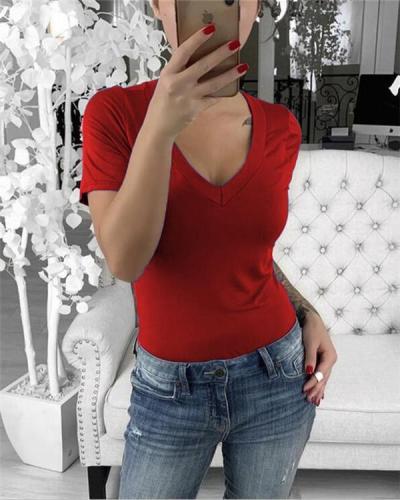 V Neck Women Casual Solid Sexy T-Shirts Tops