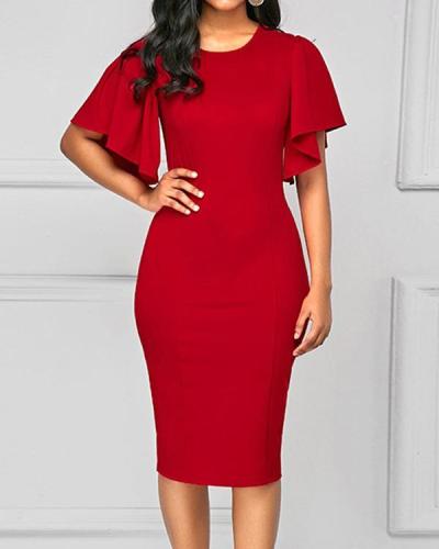 Butterfly Sleeve Round Neck Back Slit Sheath Dress