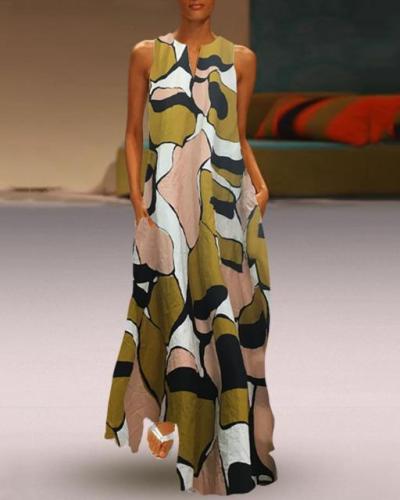 Vintage V Neck Camo Sleeveless Maxi Dresses