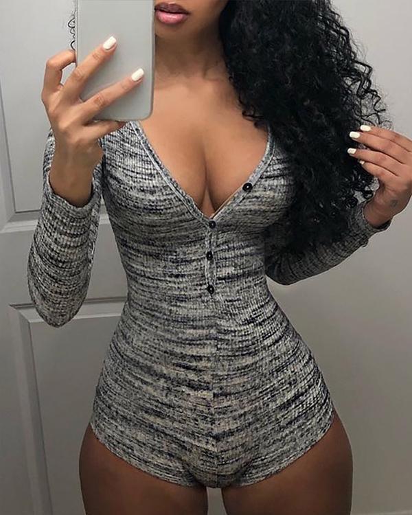 Grey Long Sleeve Deep-V Romper