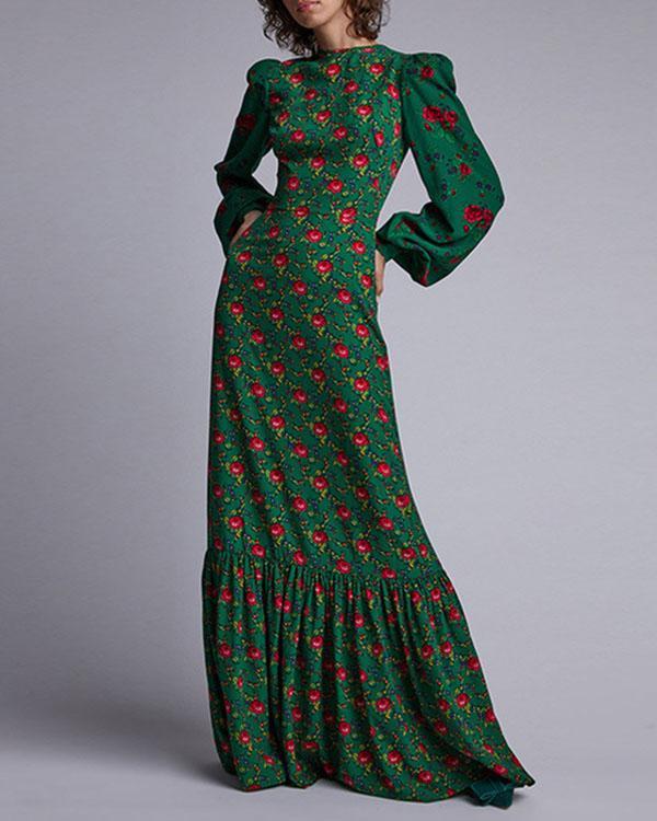 The Gypsy Crepe Tea Green Floral Printed Dress