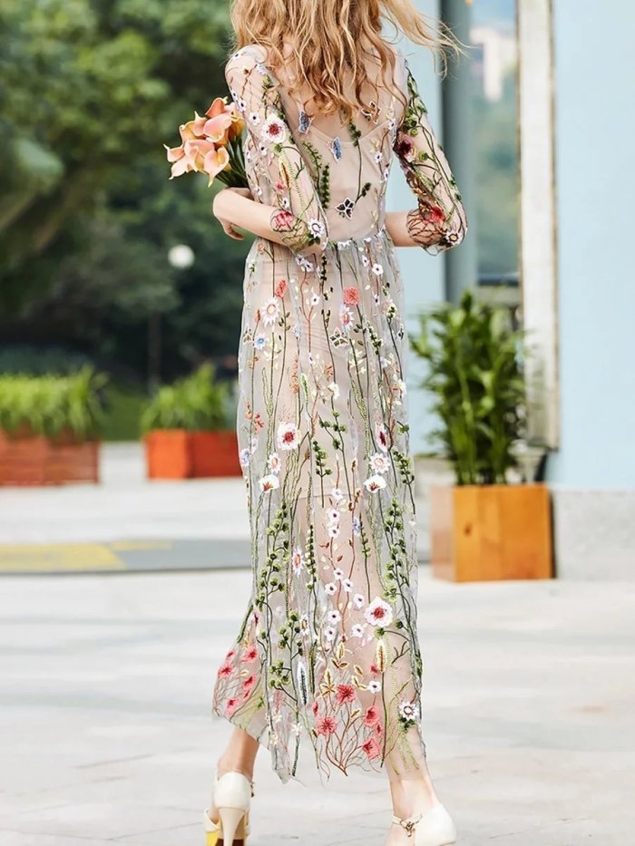 Apricot 3/4 Sleeve Vintage Embroidered Maxi Dress