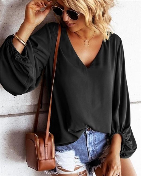 Download US$ 22.90 - Chiffon Sexyt Solid V Neck Women Tops Holiday ...