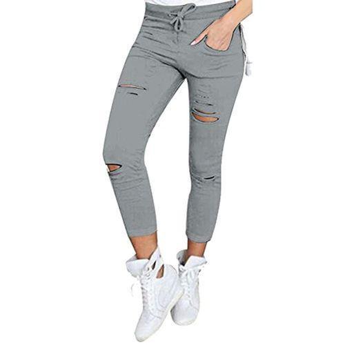 Women Denim Pants Holes Destroyed Knee Pencil Pants Casual Trousers