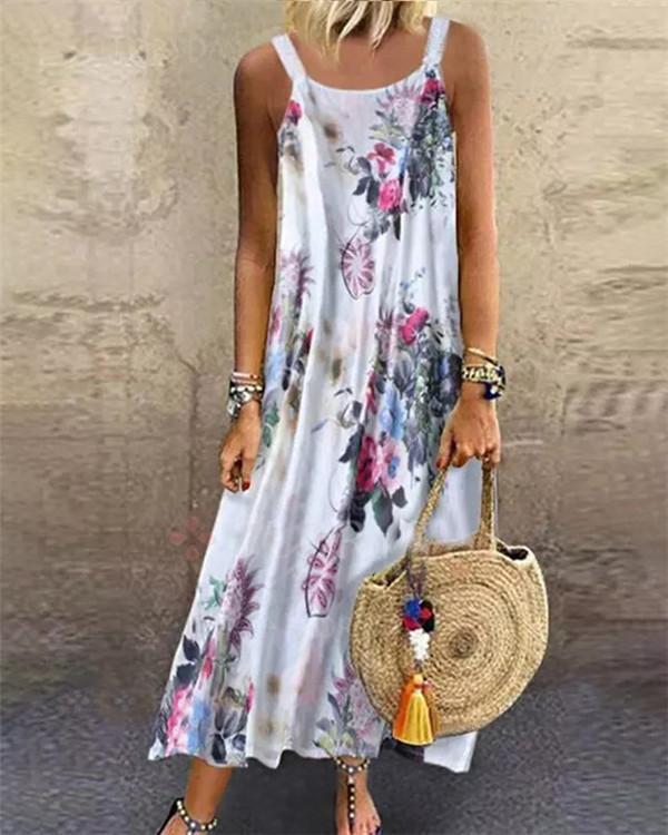 Floral Printed Sleeveless Spaghetti Summer Holiday Daily Fashion Maxi Dresses