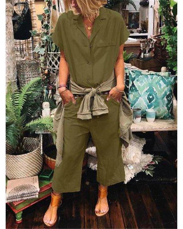 Short Sleeve Solid Casual Jumpsuits