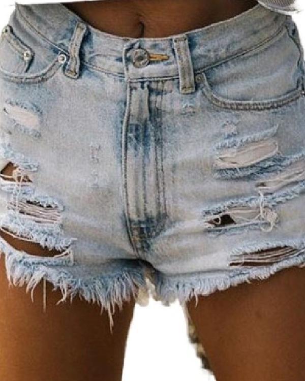 Washed Frayed Denim Shorts