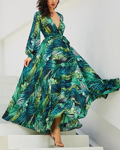 Green Tropical Beach Vintage Maxi Dresses Boho Casual V Neck Belt Lace Up Plus Size Dress