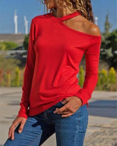 Casual Pure Color Wear A Long Sleeve Top With Sexy Neck And Bare Shoulders T-Shirt