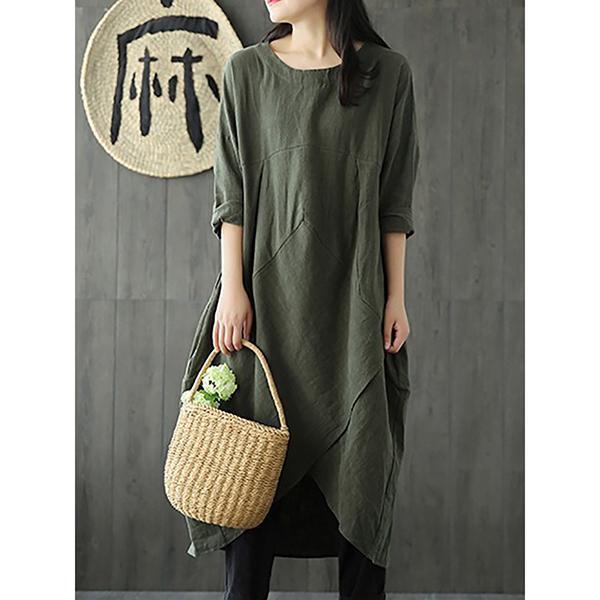 Woman Plus Size Linen-Cotton Dress Vintage Long Sleeve Maxi Dress