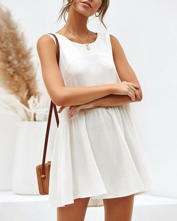 Cotton And Linen Backless Pleated Dress