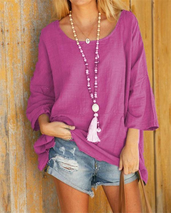 Summer Solid Women 3/4 Sleeve Casual Crew Neck Holiday Tops