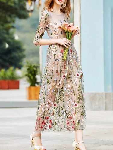 Apricot 3/4 Sleeve Vintage Embroidered Maxi Dress