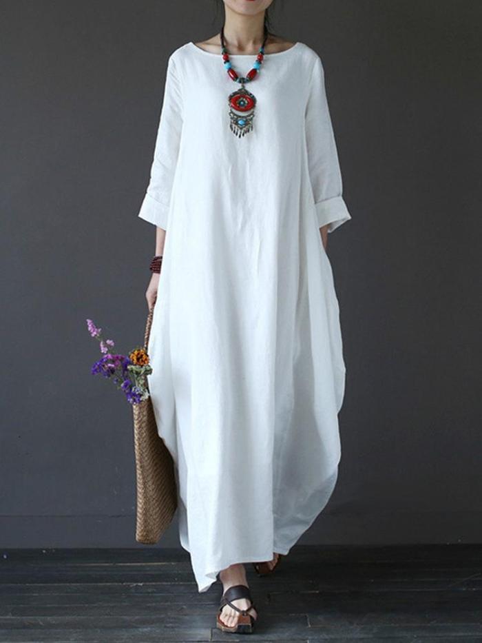 Vintage Solid 3/4 Sleeve Loose Maxi Women‘s Dress