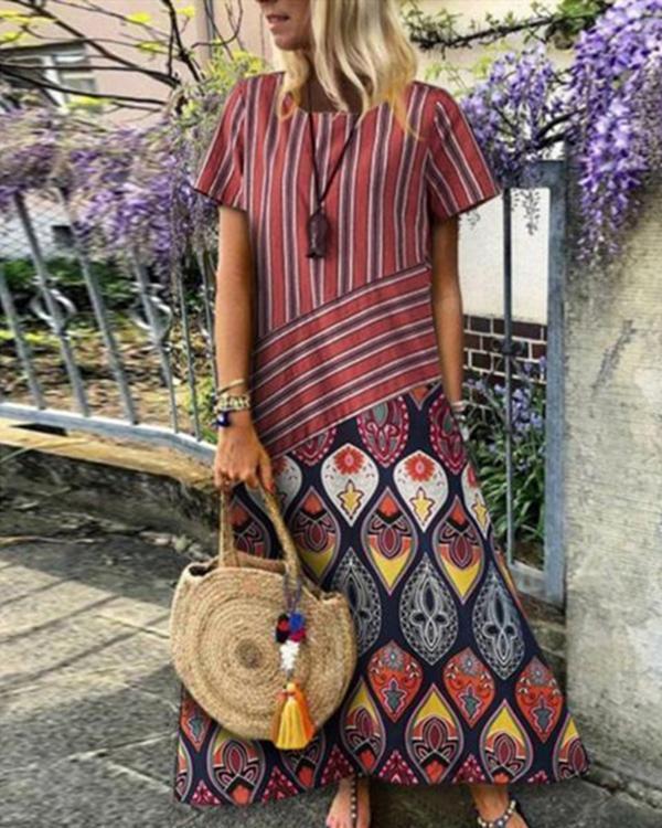 Crew Neck Women Dresses Shift Beach Printed Floral Maxi Dresses