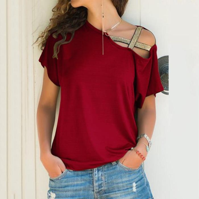 Women Cross-Shoulder Irregular Short-Sleeved Plus Size T-shirt Tops