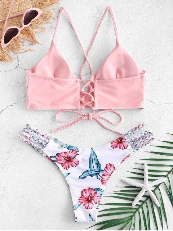 Lace-Up Braided Flower Bikini Set