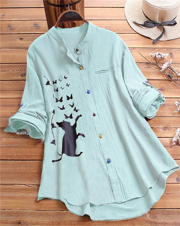 Cat Print Long Sleeve Blouse Colorful 