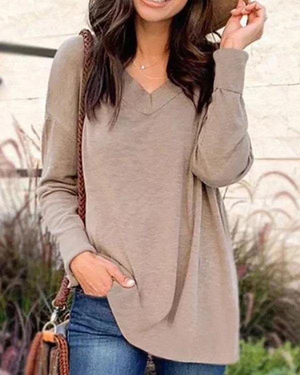 Khaki Long Sleeve V Neck Cotton-Blend Shirts & Tops