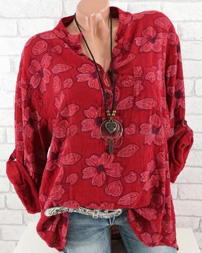 Floral Casual Polyester Collar Long Sleeve Blouses